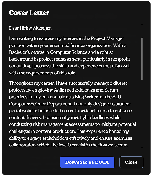 JobSmith Cover Letter Dialog